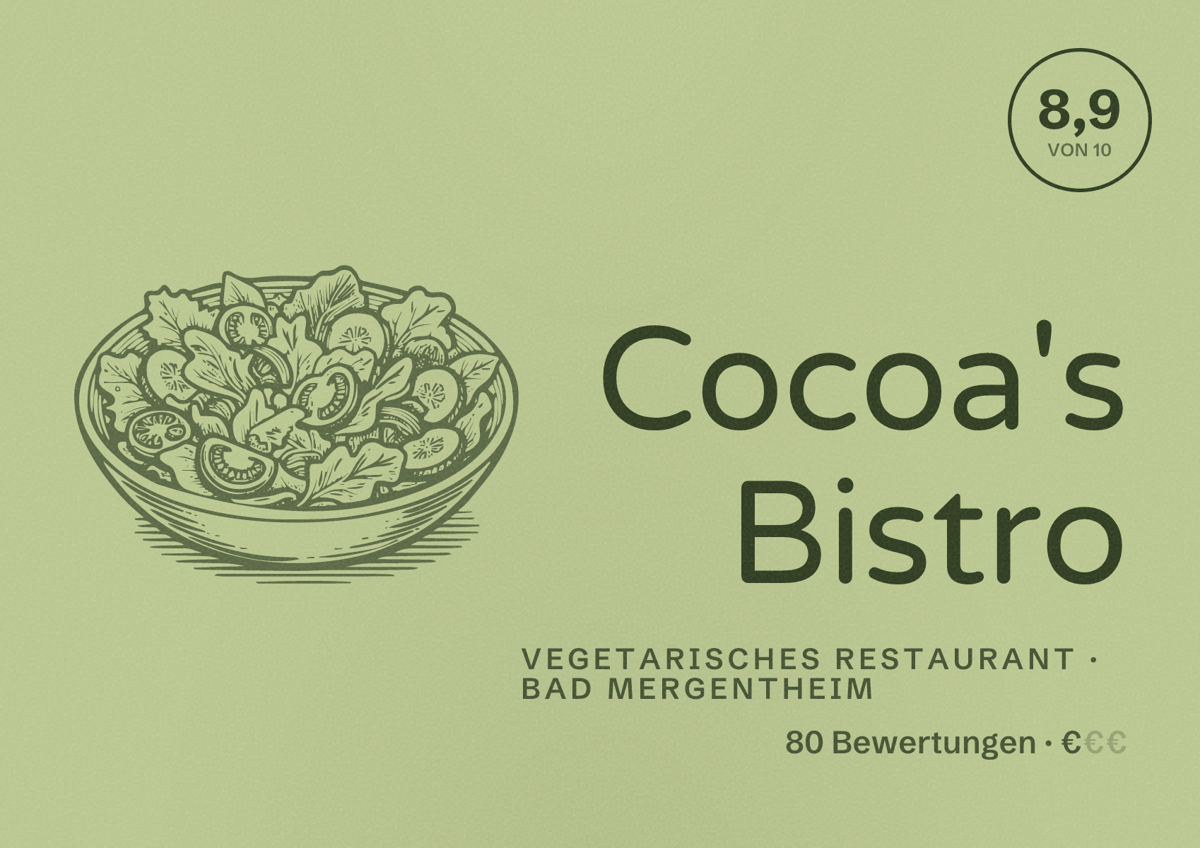 Illustriertes Poster von Cocoa's Bistro, Vegetarisches Restaurant in Bad Mergentheim: Bewertung 8,9 von 10 aus 80 Bewertungen, Preisniveau €