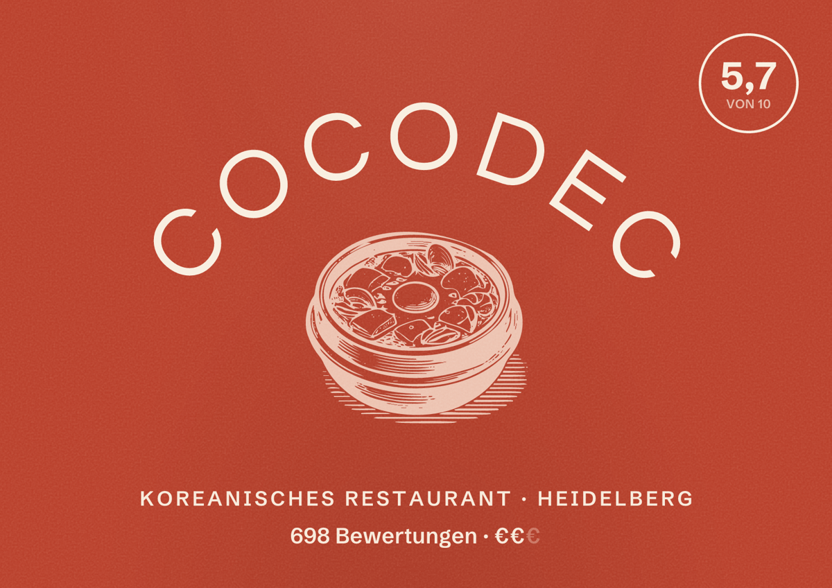 Illustriertes Poster von Cocodec, Koreanisches Restaurant in Heidelberg: Bewertung 5,7 von 10 aus 698 Bewertungen, Preisniveau €€