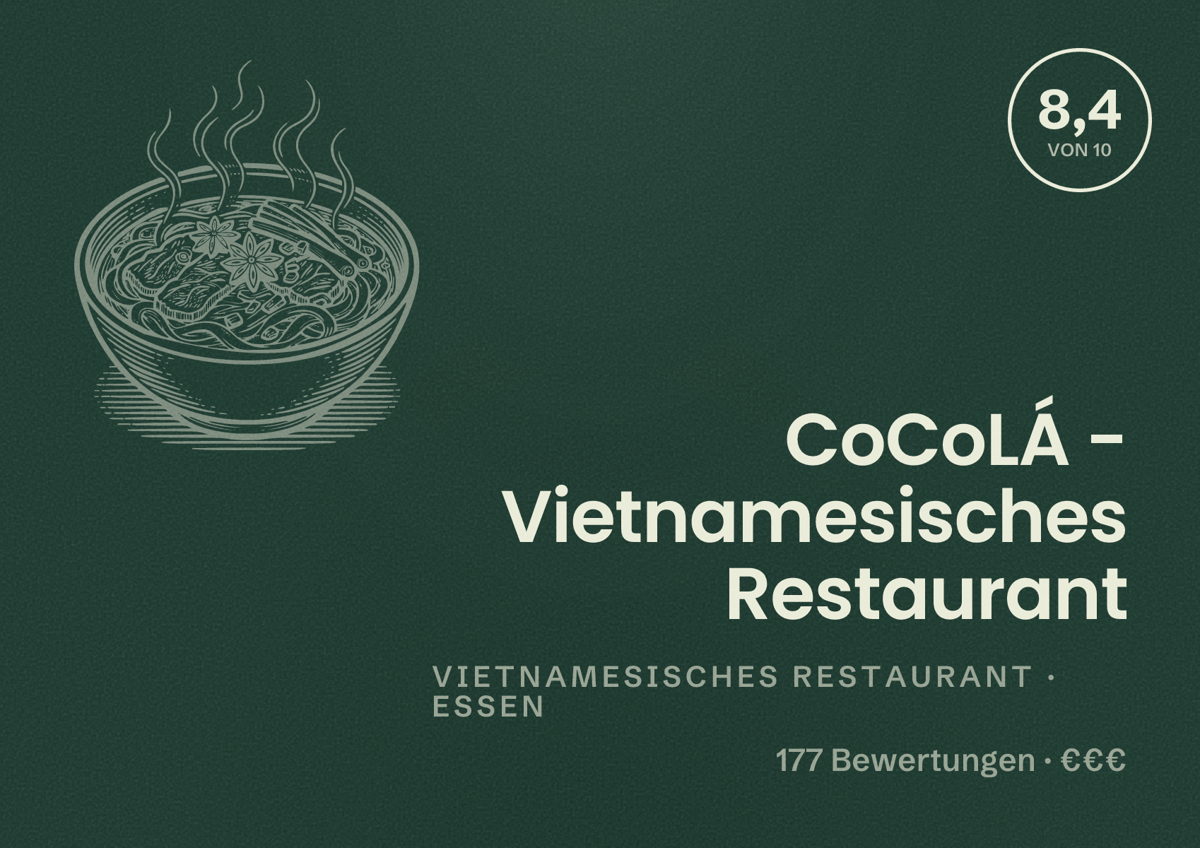 Illustriertes Poster von CoCoLÁ - Vietnamesisches Restaurant, Vietnamesisches Restaurant in Essen: Bewertung 8,4 von 10 aus 177 Bewertungen, Preisniveau €€€