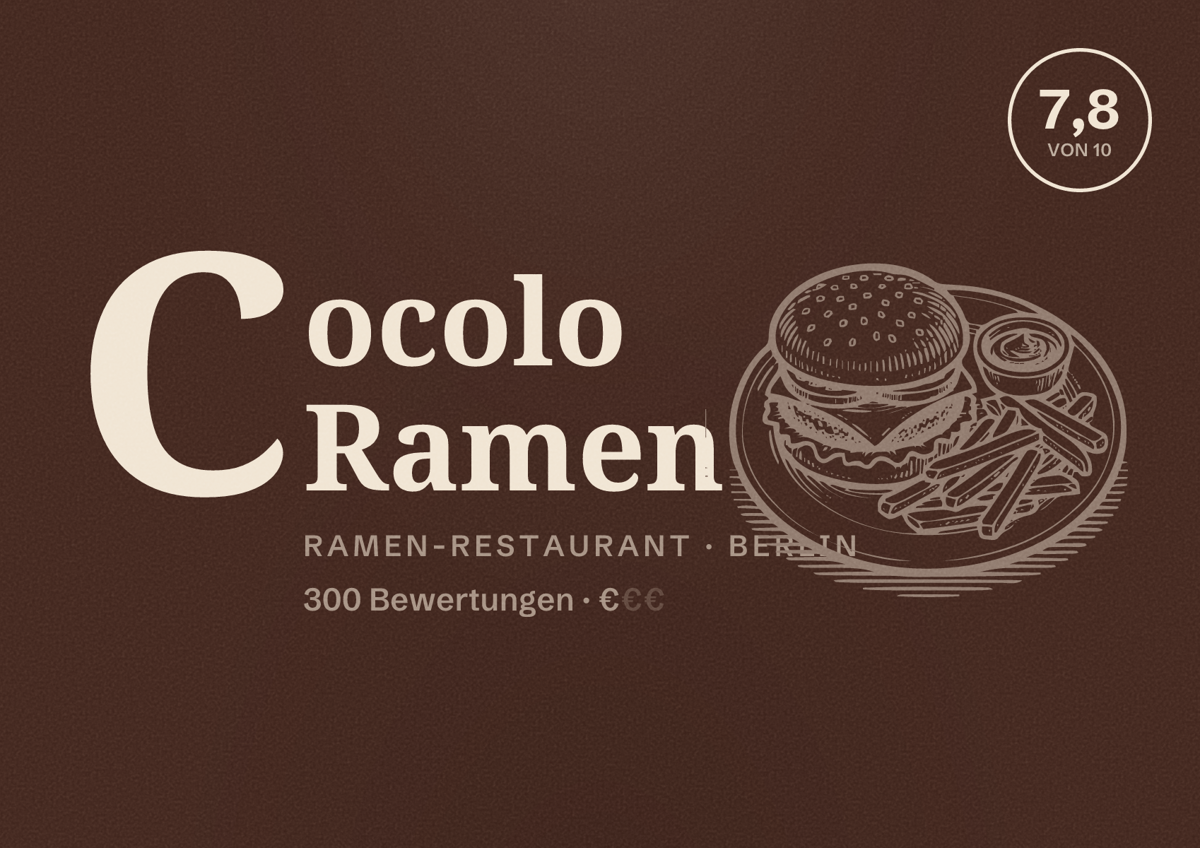 Illustriertes Poster von Cocolo Ramen, Ramen-Restaurant in Berlin: Bewertung 7,8 von 10 aus 300 Bewertungen, Preisniveau €