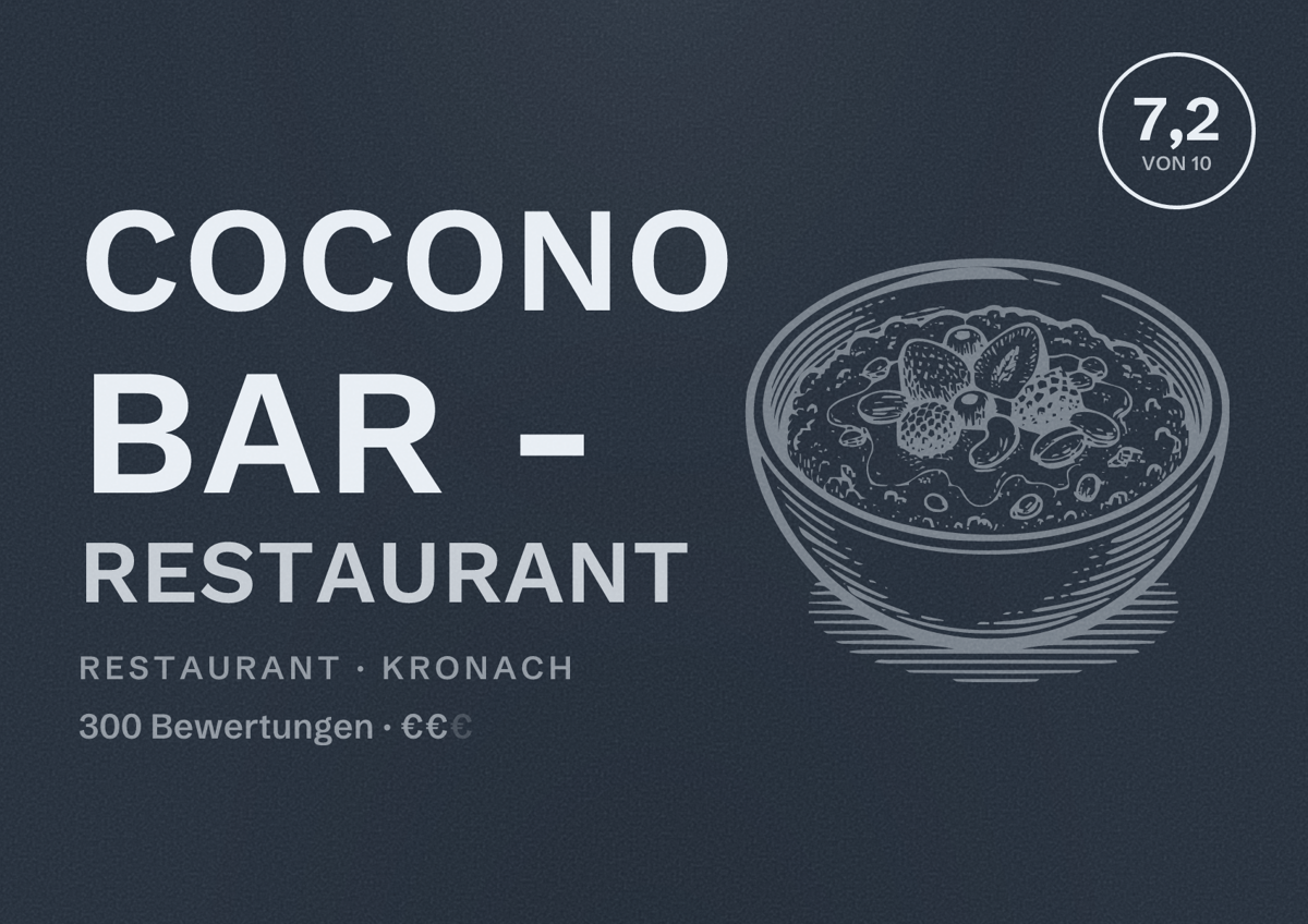 Illustriertes Poster von CoCoNo Bar - Restaurant, Restaurant in Kronach: Bewertung 7,2 von 10 aus 300 Bewertungen, Preisniveau €€