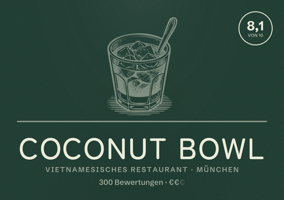 Illustriertes Poster von Coconut Bowl, Vietnamesisches Restaurant in München: Bewertung 8,1 von 10 aus 300 Bewertungen, Preisniveau €€