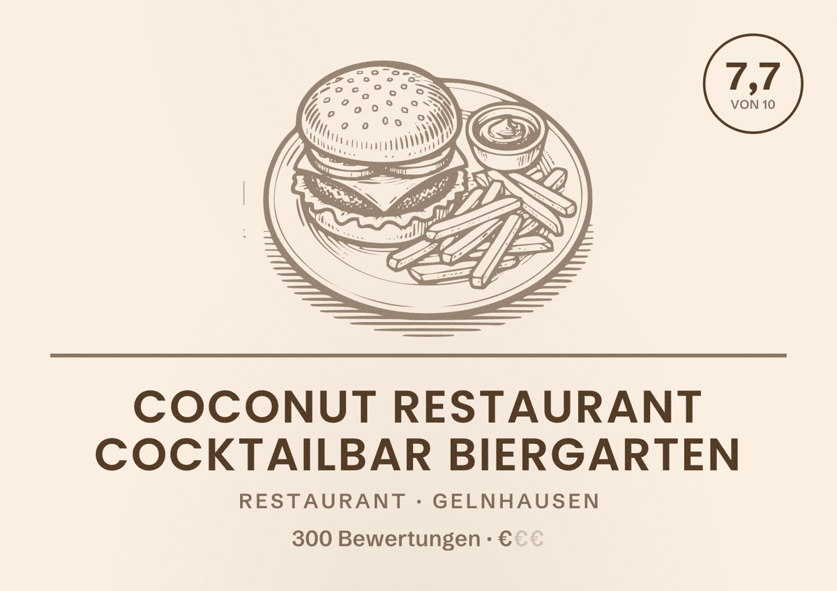 Illustriertes Poster von Coconut Restaurant Cocktailbar Biergarten, Restaurant in Gelnhausen: Bewertung 7,7 von 10 aus 300 Bewertungen, Preisniveau €