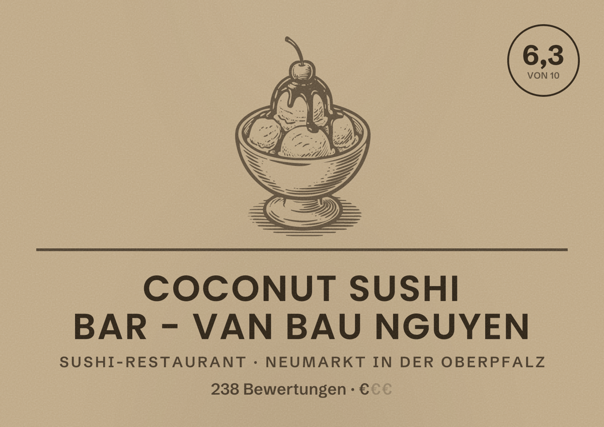 Illustriertes Poster von Coconut Sushi Bar - Van Bau Nguyen, Sushi-Restaurant in Neumarkt in der Oberpfalz: Bewertung 6,3 von 10 aus 238 Bewertungen, Preisniveau €