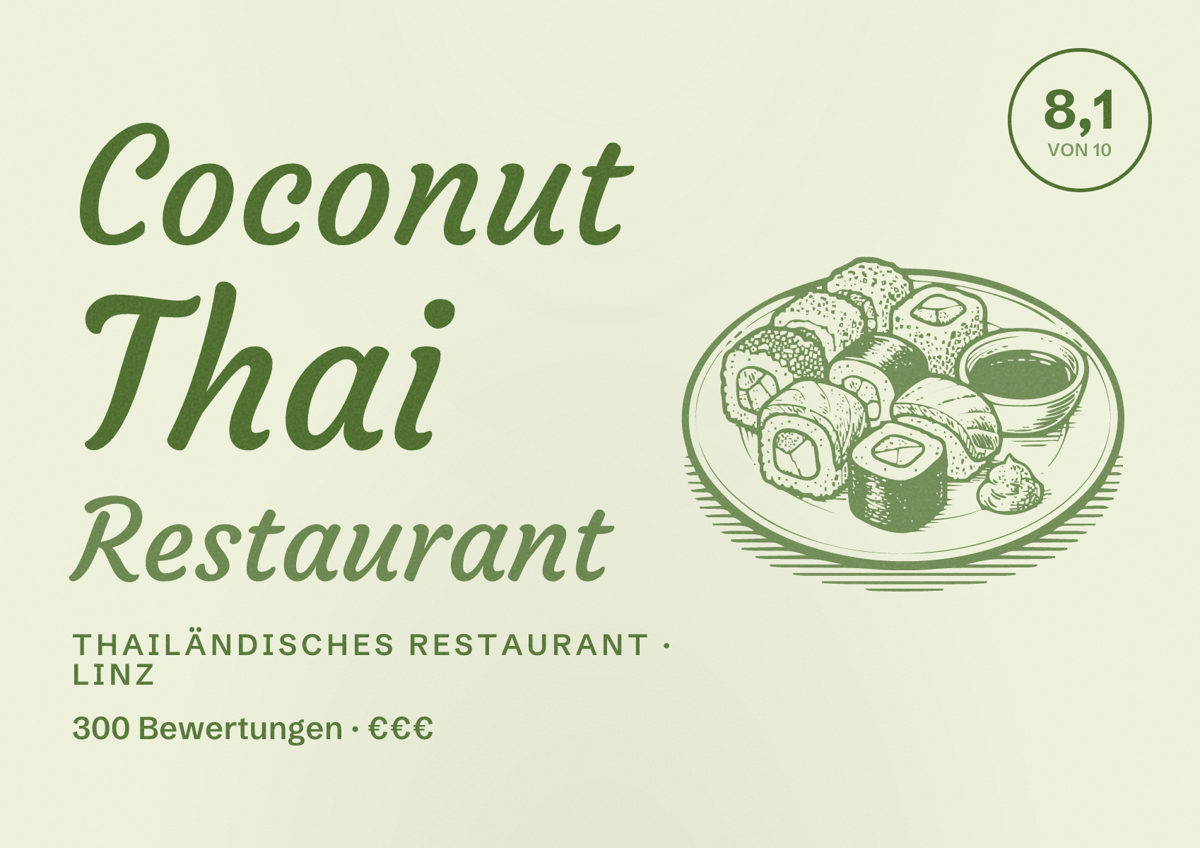 Illustriertes Poster von Coconut Thai Restaurant, Thailändisches Restaurant in Linz: Bewertung 8,1 von 10 aus 300 Bewertungen, Preisniveau €€€