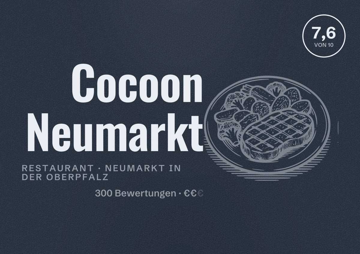 Illustriertes Poster von Cocoon Neumarkt, Restaurant in Neumarkt in der Oberpfalz: Bewertung 7,6 von 10 aus 300 Bewertungen, Preisniveau €€