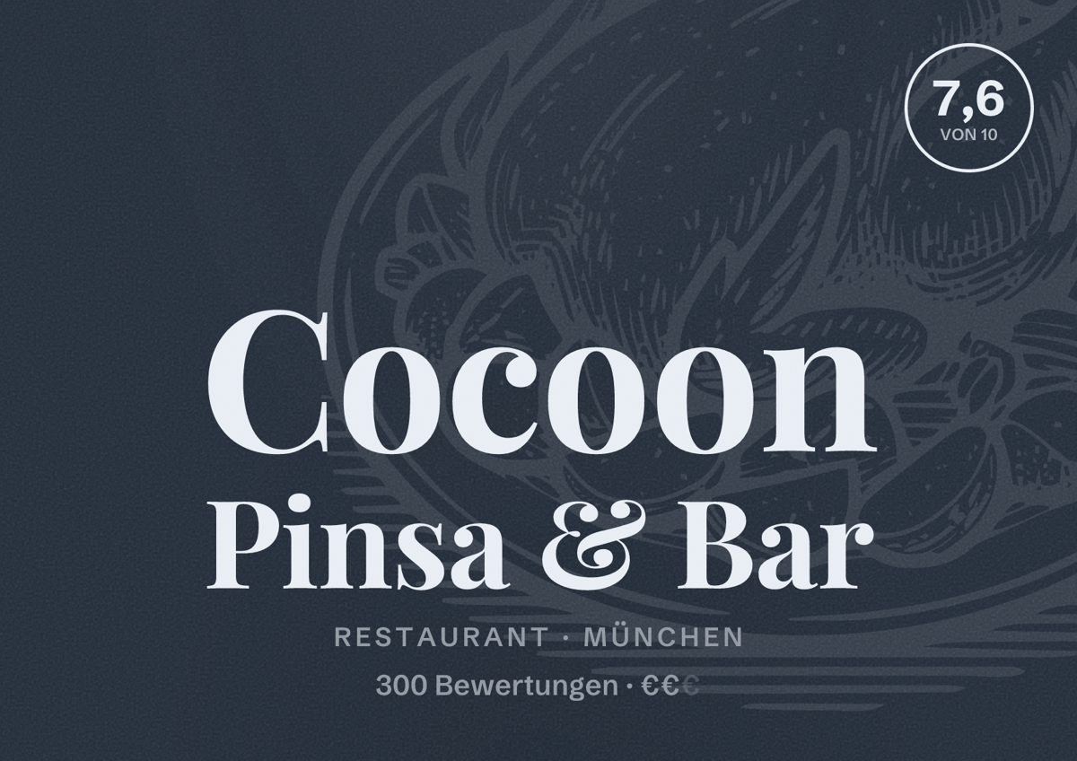 Illustriertes Poster von Cocoon Pinsa & Bar, Restaurant in München: Bewertung 7,6 von 10 aus 300 Bewertungen, Preisniveau €€