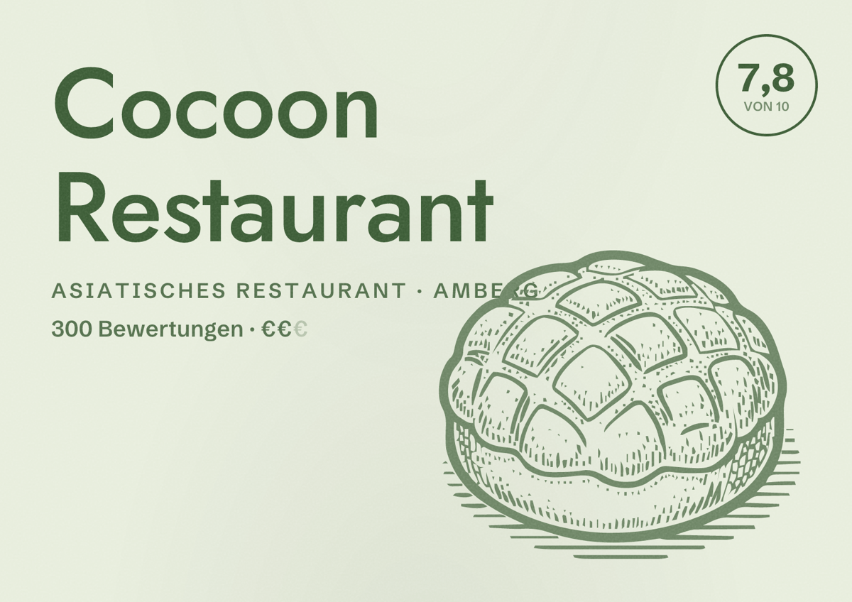Illustriertes Poster von Cocoon Restaurant, Asiatisches Restaurant in Amberg: Bewertung 7,8 von 10 aus 300 Bewertungen, Preisniveau €€