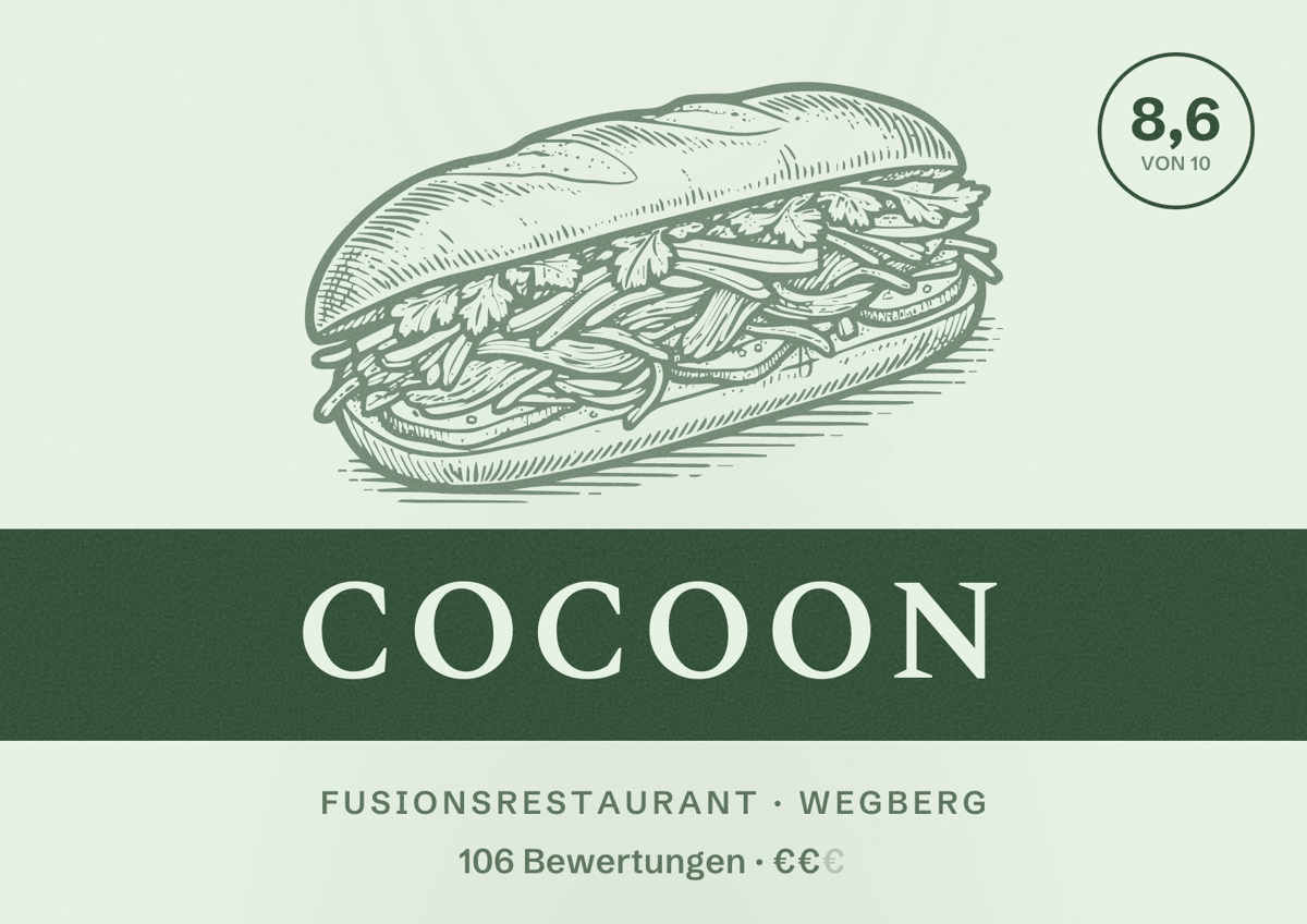 Illustriertes Poster von Cocoon, Fusionsrestaurant in Wegberg: Bewertung 8,6 von 10 aus 106 Bewertungen, Preisniveau €€