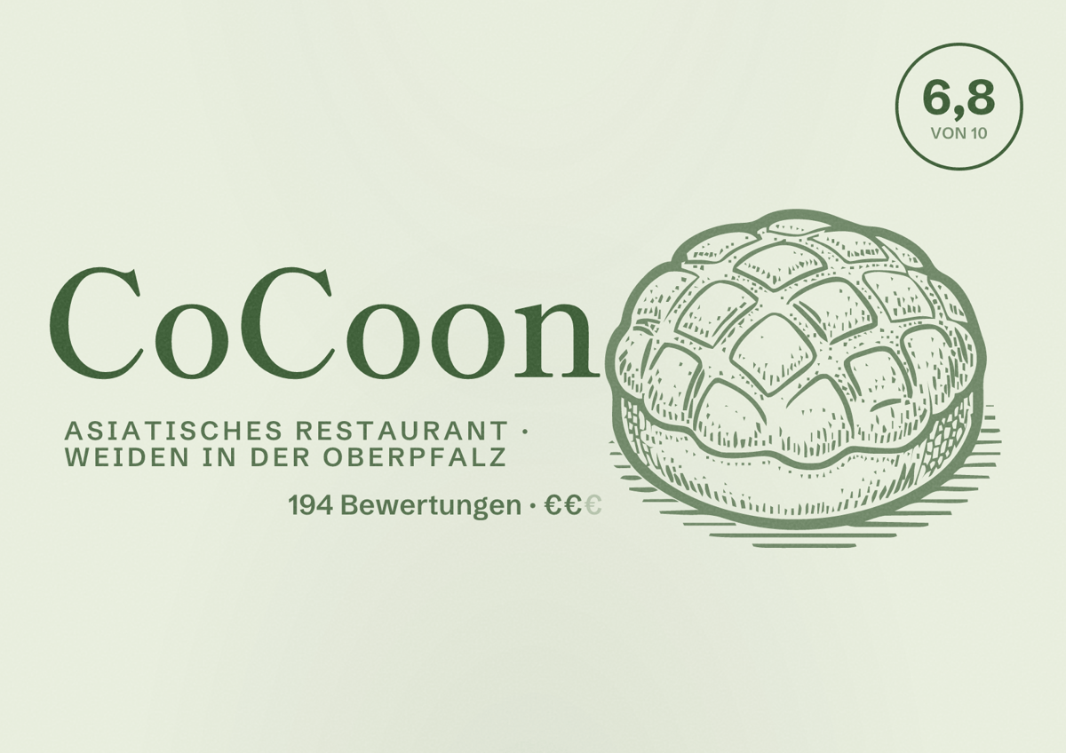 Illustriertes Poster von CoCoon, Asiatisches Restaurant in Weiden in der Oberpfalz: Bewertung 6,8 von 10 aus 194 Bewertungen, Preisniveau €€