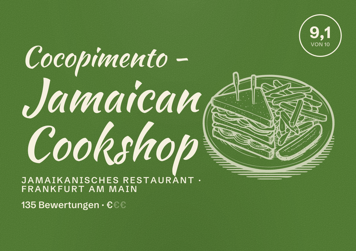 Illustriertes Poster von Cocopimento - Jamaican Cookshop, Jamaikanisches Restaurant in Frankfurt am Main: Bewertung 9,1 von 10 aus 135 Bewertungen, Preisniveau €