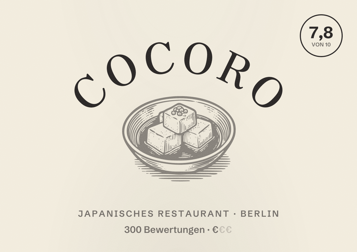 Illustriertes Poster von Cocoro, Japanisches Restaurant in Berlin: Bewertung 7,8 von 10 aus 300 Bewertungen, Preisniveau €