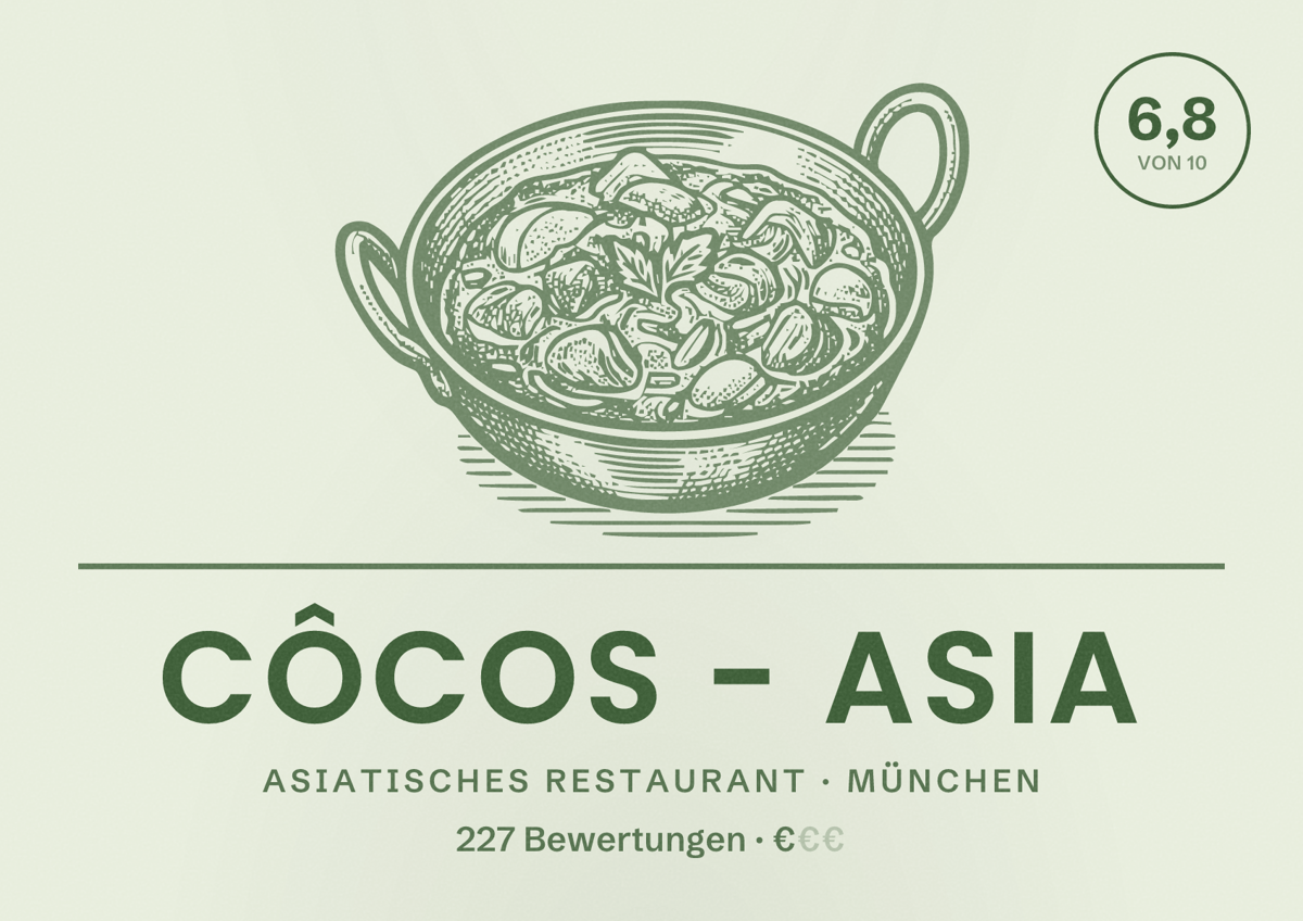 Illustriertes Poster von Côcos - Asia, Asiatisches Restaurant in München: Bewertung 6,8 von 10 aus 227 Bewertungen, Preisniveau €