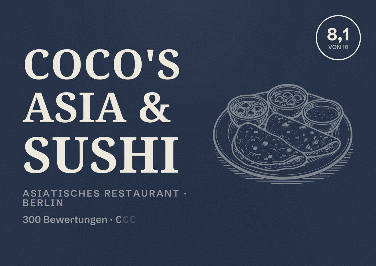 Illustriertes Poster von Coco's Asia & Sushi, Asiatisches Restaurant in Berlin: Bewertung 8,1 von 10 aus 300 Bewertungen, Preisniveau €
