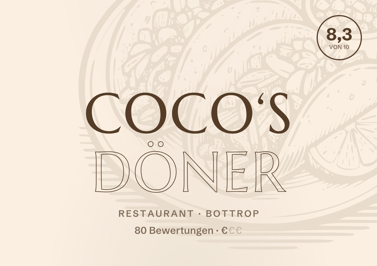 Illustriertes Poster von CoCo‘s Döner, Restaurant in Bottrop: Bewertung 8,3 von 10 aus 80 Bewertungen, Preisniveau €
