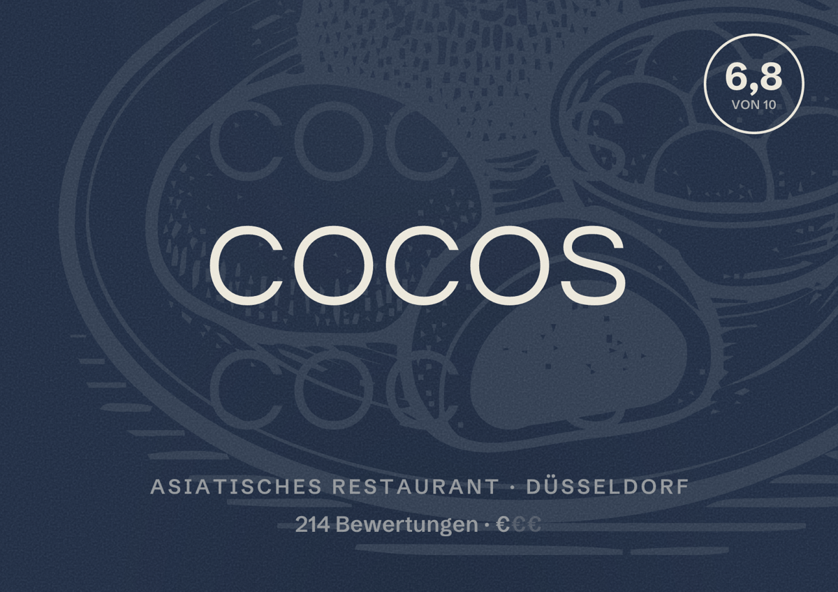 Illustriertes Poster von Cocos, Asiatisches Restaurant in Düsseldorf: Bewertung 6,8 von 10 aus 214 Bewertungen, Preisniveau €