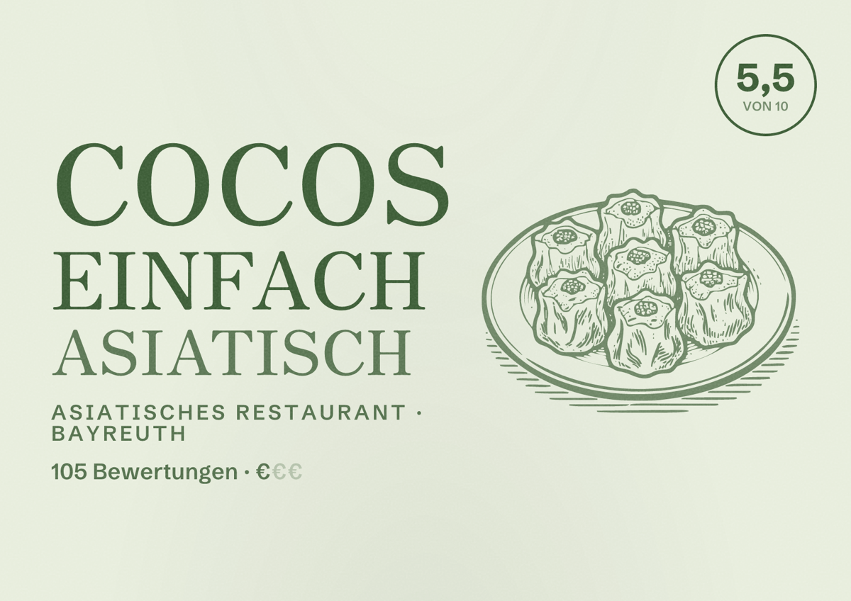 Illustriertes Poster von Cocos Einfach Asiatisch, Asiatisches Restaurant in Bayreuth: Bewertung 5,5 von 10 aus 105 Bewertungen, Preisniveau €