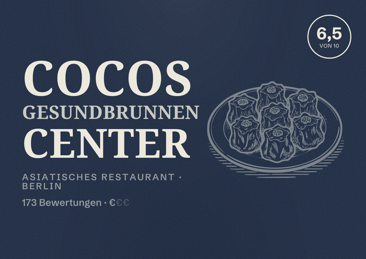 Illustriertes Poster von Cocos Gesundbrunnen Center, Asiatisches Restaurant in Berlin: Bewertung 6,5 von 10 aus 173 Bewertungen, Preisniveau €
