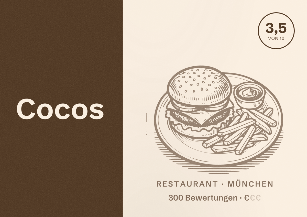 Illustriertes Poster von Cocos, Restaurant in München: Bewertung 3,5 von 10 aus 300 Bewertungen, Preisniveau €