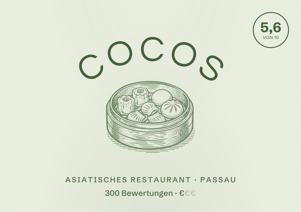 Illustriertes Poster von Cocos, Asiatisches Restaurant in Passau: Bewertung 5,6 von 10 aus 300 Bewertungen, Preisniveau €