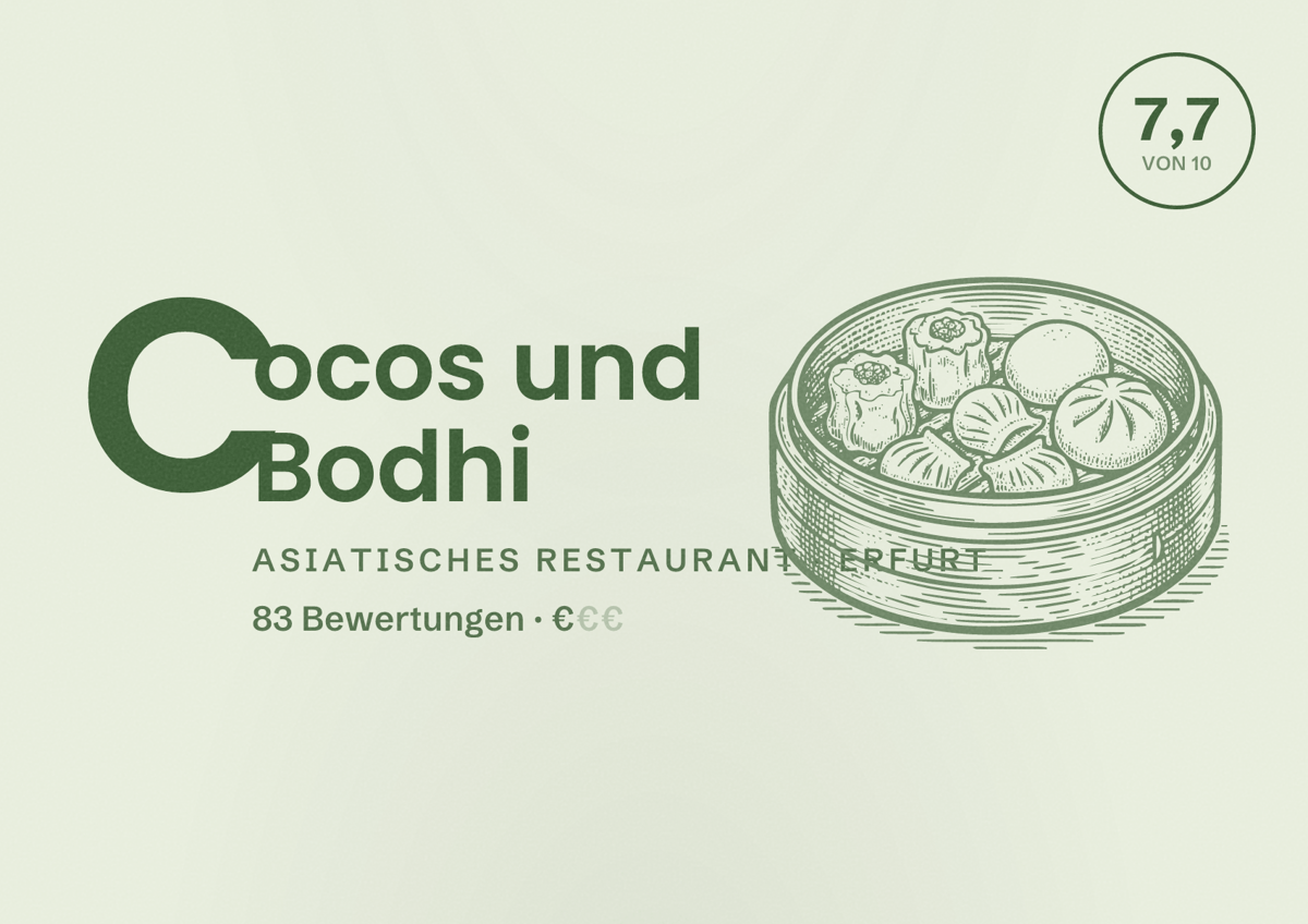 Illustriertes Poster von Cocos und Bodhi, Asiatisches Restaurant in Erfurt: Bewertung 7,7 von 10 aus 83 Bewertungen, Preisniveau €