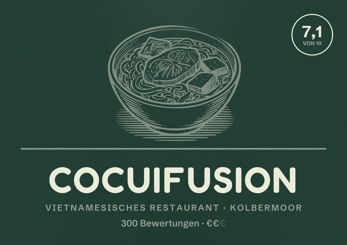 Illustriertes Poster von CocuiFusion, Vietnamesisches Restaurant in Kolbermoor: Bewertung 7,1 von 10 aus 300 Bewertungen, Preisniveau €€