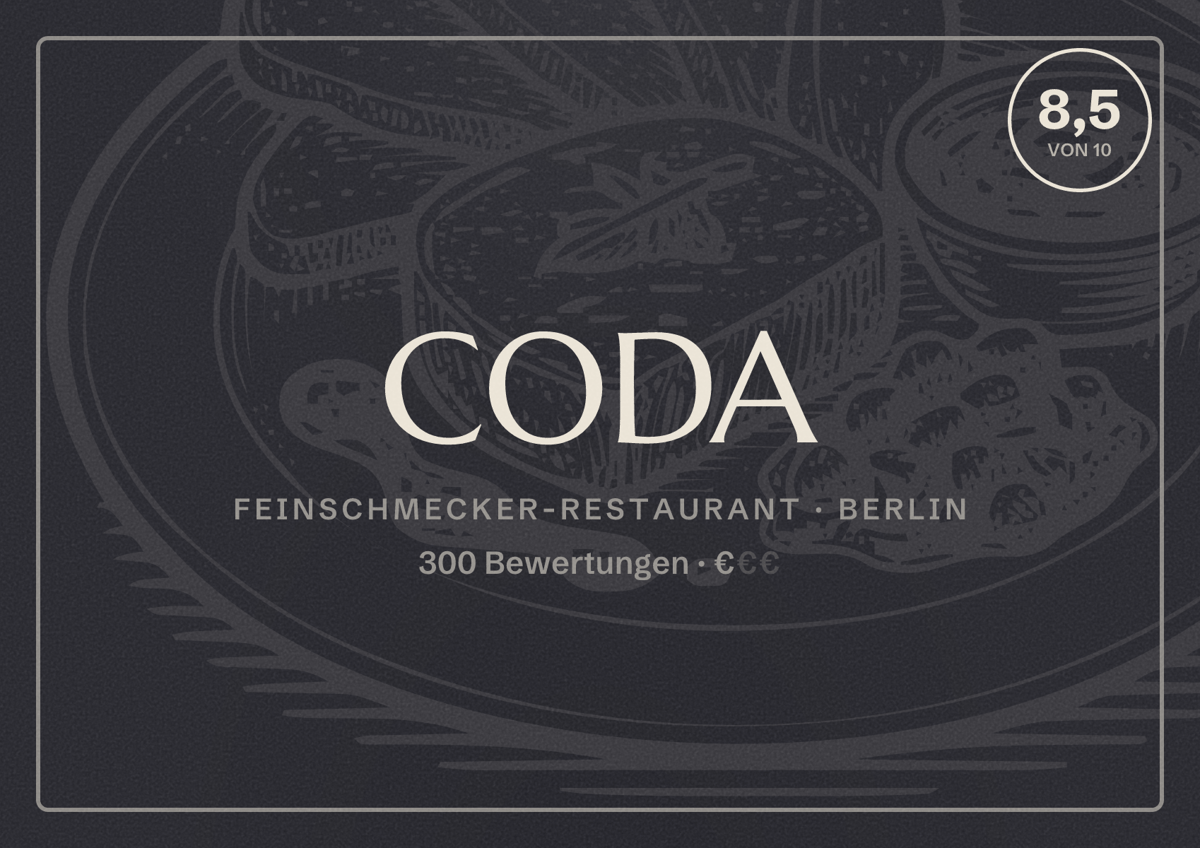 Illustriertes Poster von CODA, Feinschmecker-Restaurant in Berlin: Bewertung 8,5 von 10 aus 300 Bewertungen, Preisniveau €