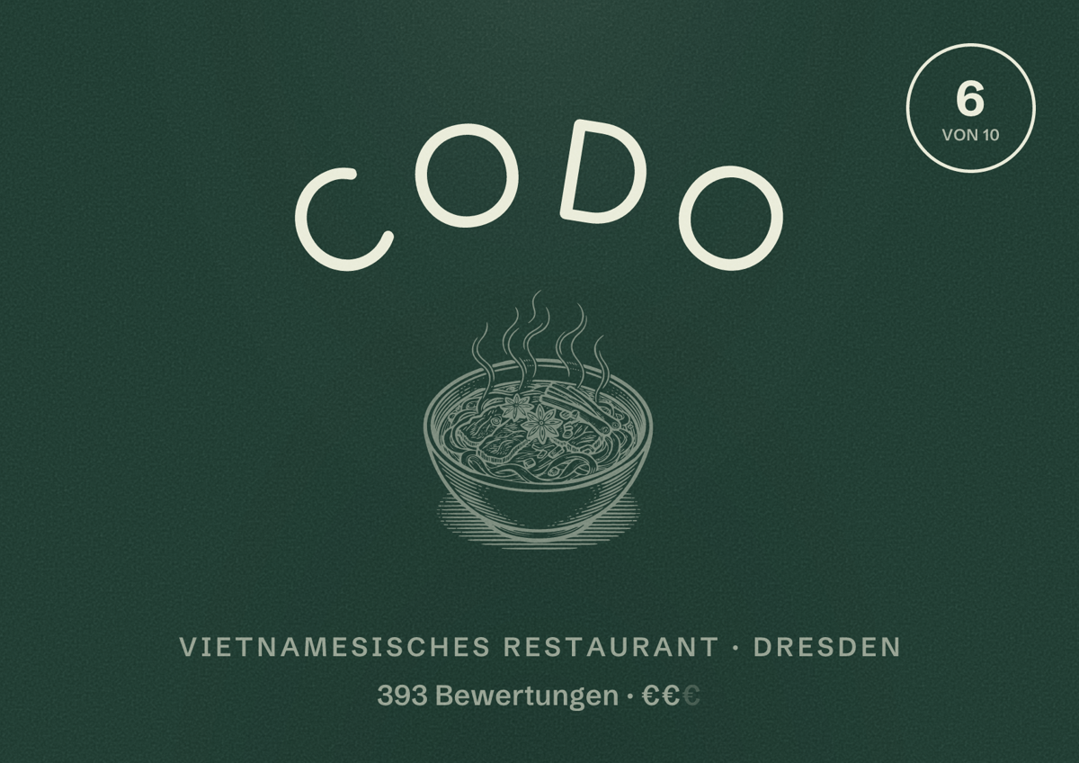 Illustriertes Poster von Codo, Vietnamesisches Restaurant in Dresden: Bewertung 6,0 von 10 aus 393 Bewertungen, Preisniveau €€