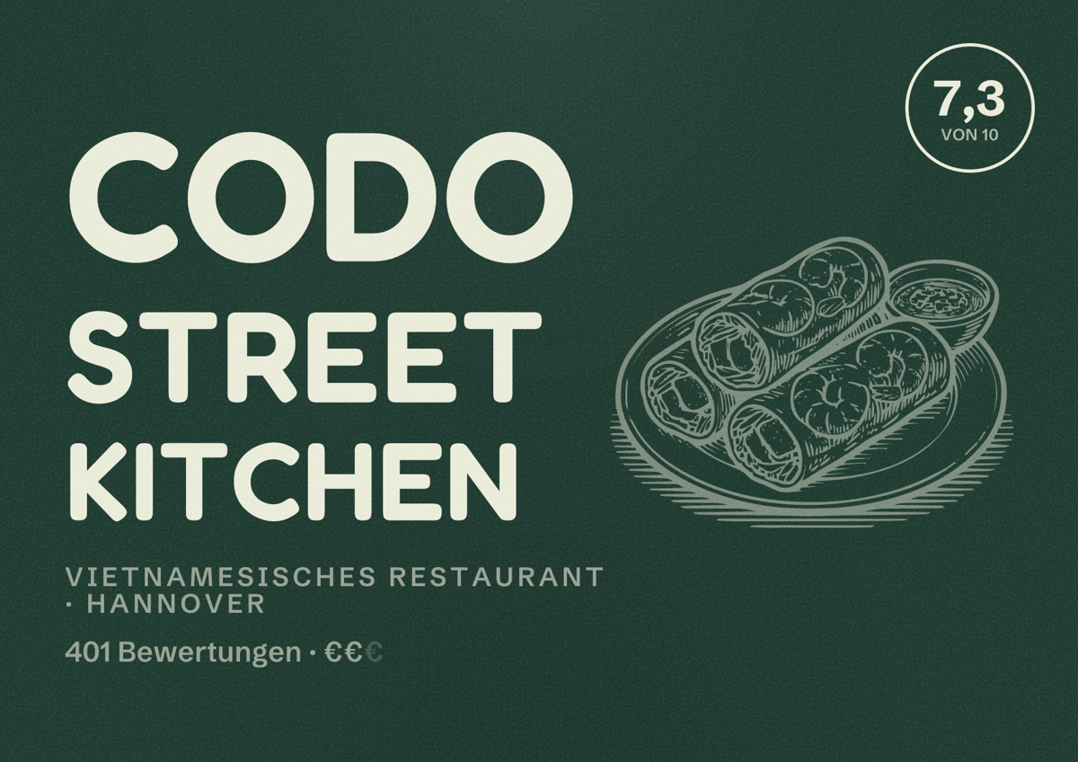 Illustriertes Poster von CODO Street Kitchen, Vietnamesisches Restaurant in Hannover: Bewertung 7,3 von 10 aus 401 Bewertungen, Preisniveau €€