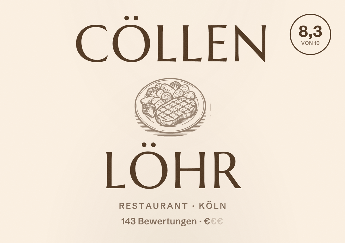 Illustriertes Poster von Cöllen Löhr, Restaurant in Köln: Bewertung 8,3 von 10 aus 143 Bewertungen, Preisniveau €