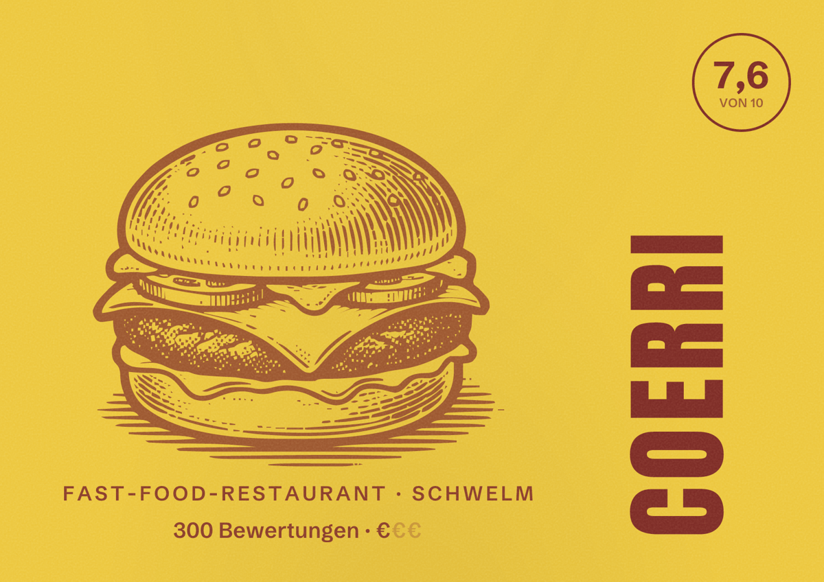 Illustriertes Poster von Coerri, Fast-Food-Restaurant in Schwelm: Bewertung 7,6 von 10 aus 300 Bewertungen, Preisniveau €