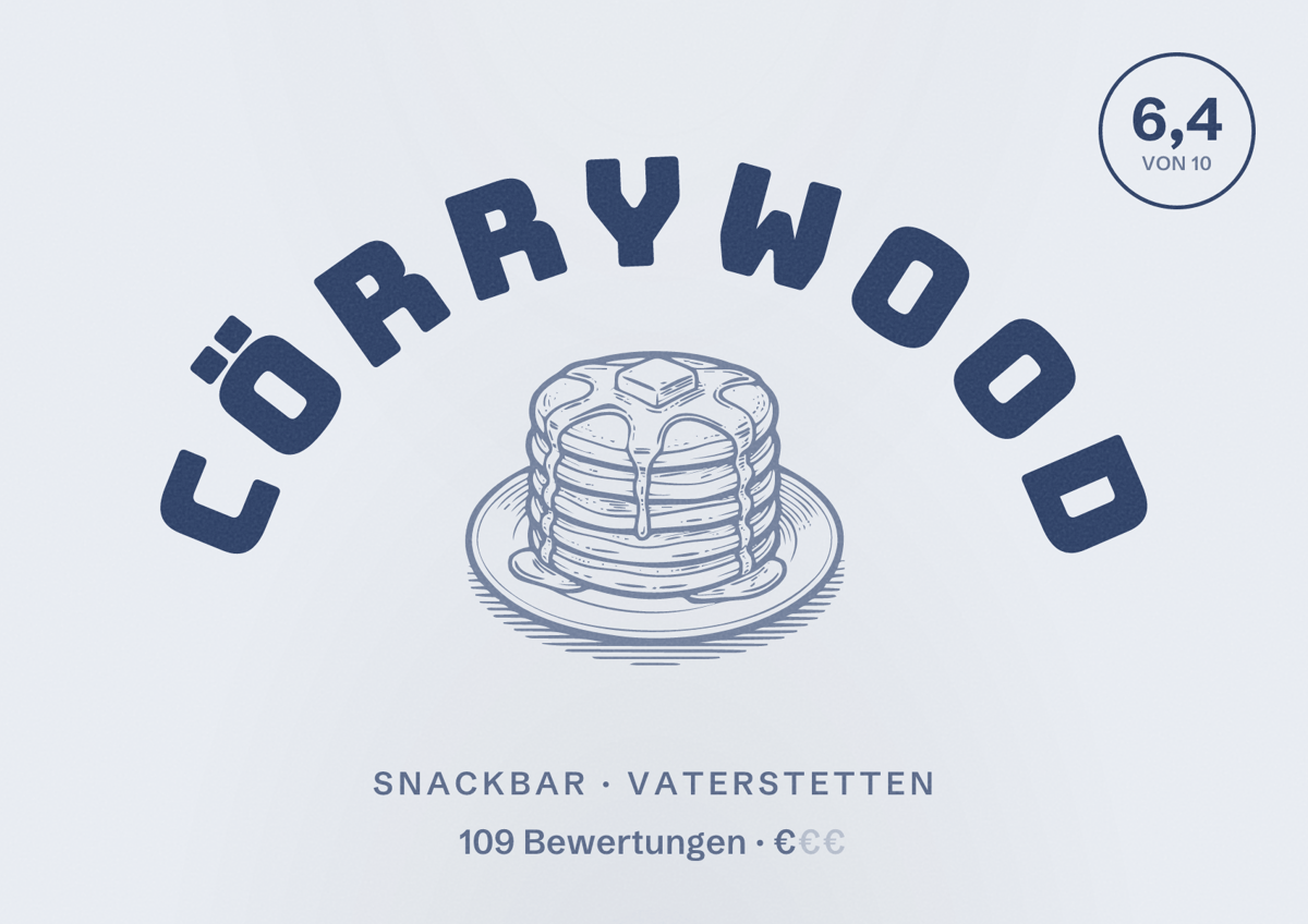 Illustriertes Poster von Cörrywood, Snackbar in Vaterstetten: Bewertung 6,4 von 10 aus 109 Bewertungen, Preisniveau €