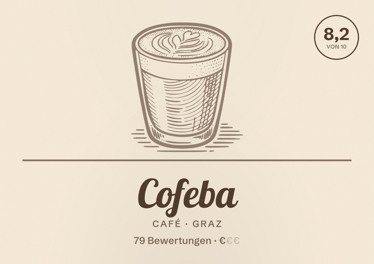Illustriertes Poster von Cofeba, Café in Graz: Bewertung 8,2 von 10 aus 79 Bewertungen, Preisniveau €