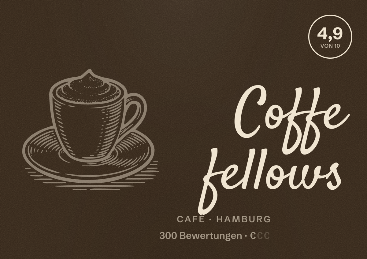 Illustriertes Poster von Coffe fellows, Café in Hamburg: Bewertung 4,9 von 10 aus 300 Bewertungen, Preisniveau €