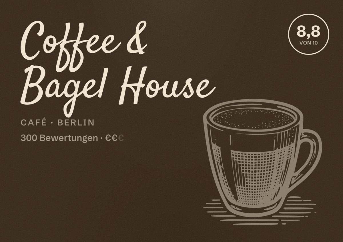 Illustriertes Poster von Coffee & Bagel House, Café in Berlin: Bewertung 8,8 von 10 aus 300 Bewertungen, Preisniveau €€