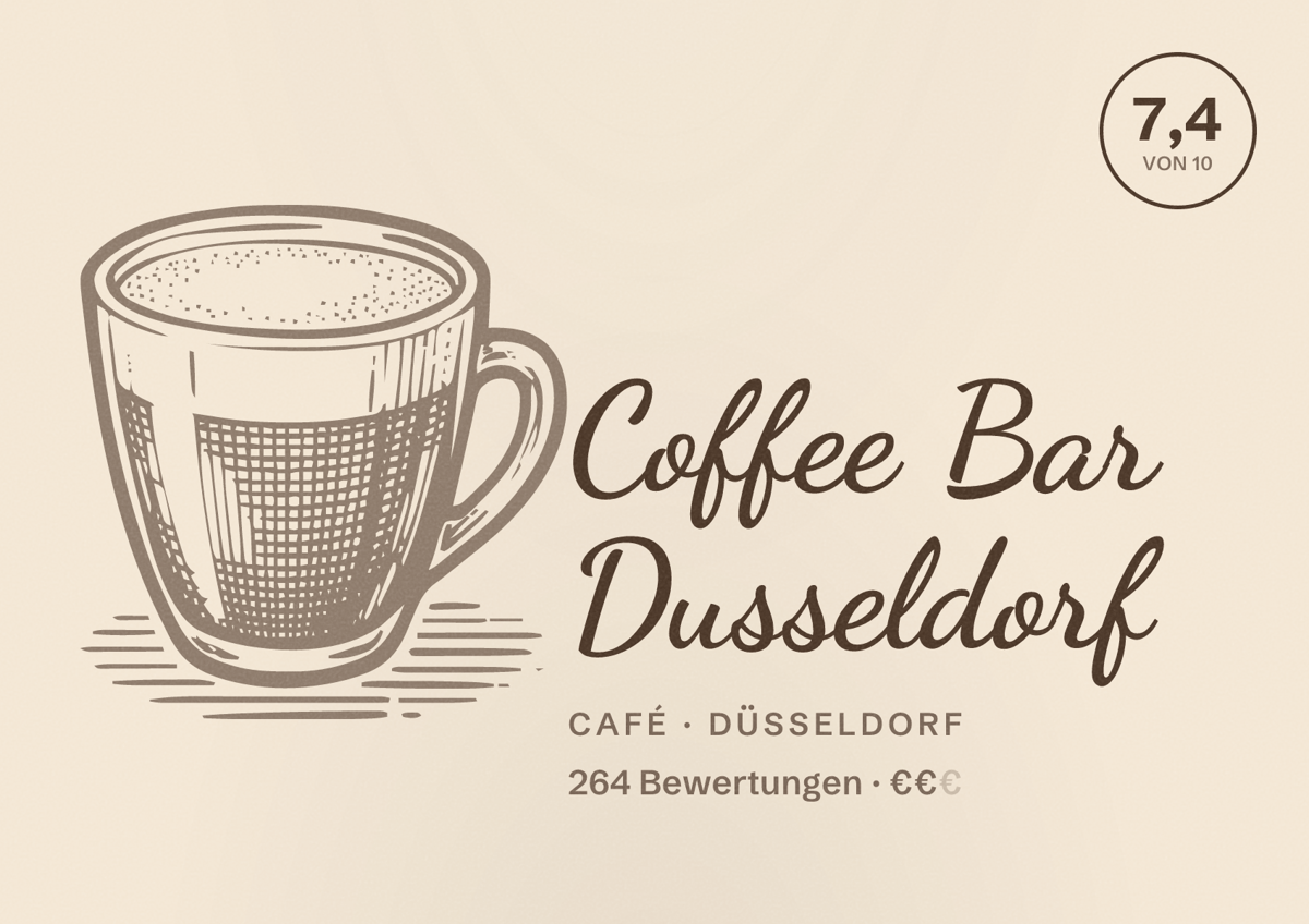 Illustriertes Poster von Coffee Bar Dusseldorf, Café in Düsseldorf: Bewertung 7,4 von 10 aus 264 Bewertungen, Preisniveau €€