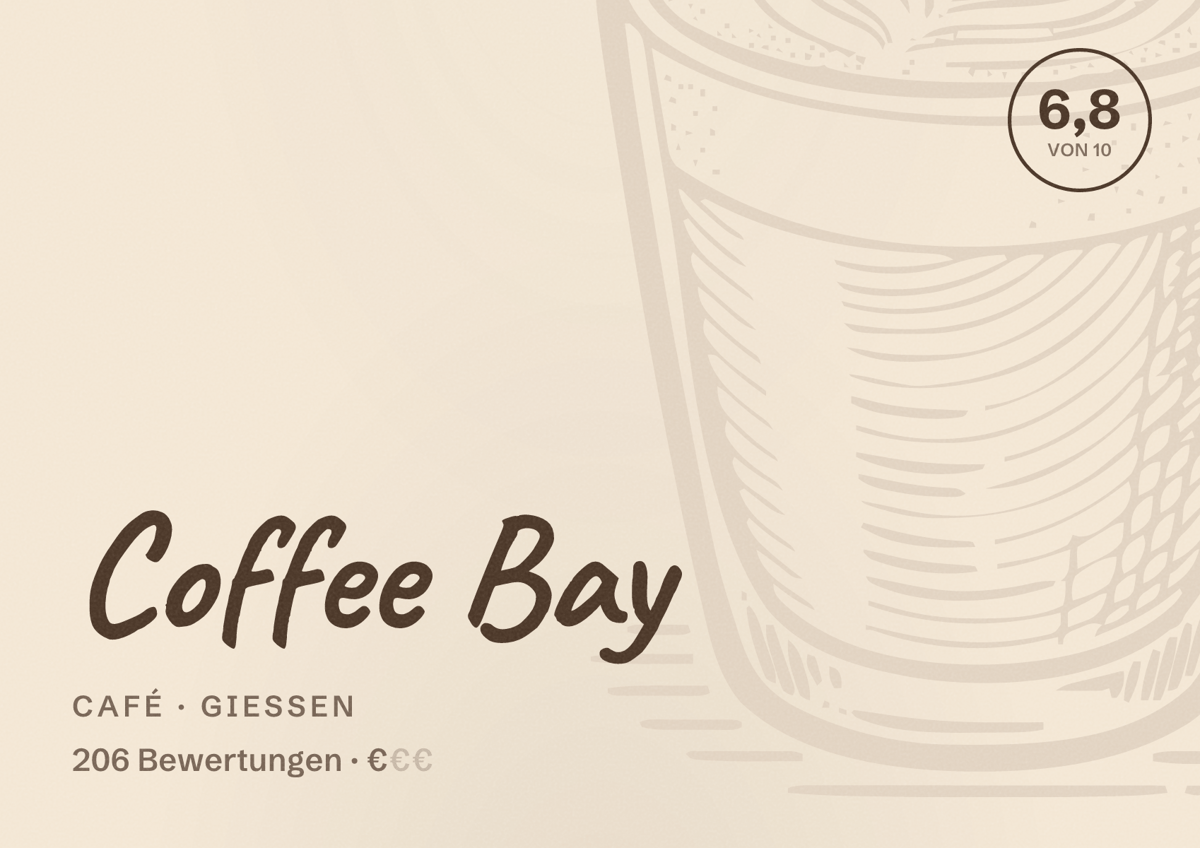 Illustriertes Poster von Coffee Bay, Café in Gießen: Bewertung 6,8 von 10 aus 206 Bewertungen, Preisniveau €