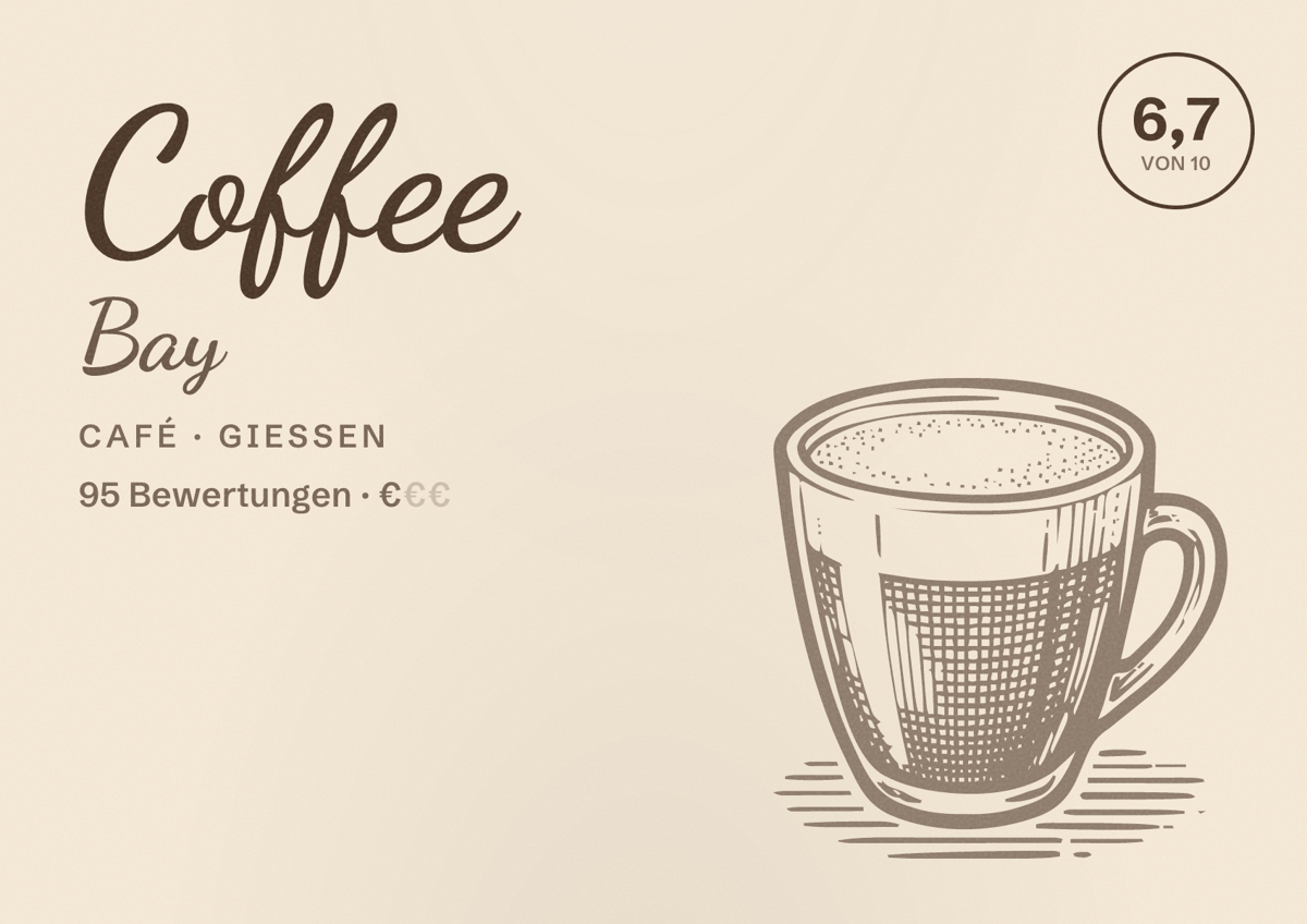 Illustriertes Poster von Coffee Bay, Café in Gießen: Bewertung 6,7 von 10 aus 95 Bewertungen, Preisniveau €