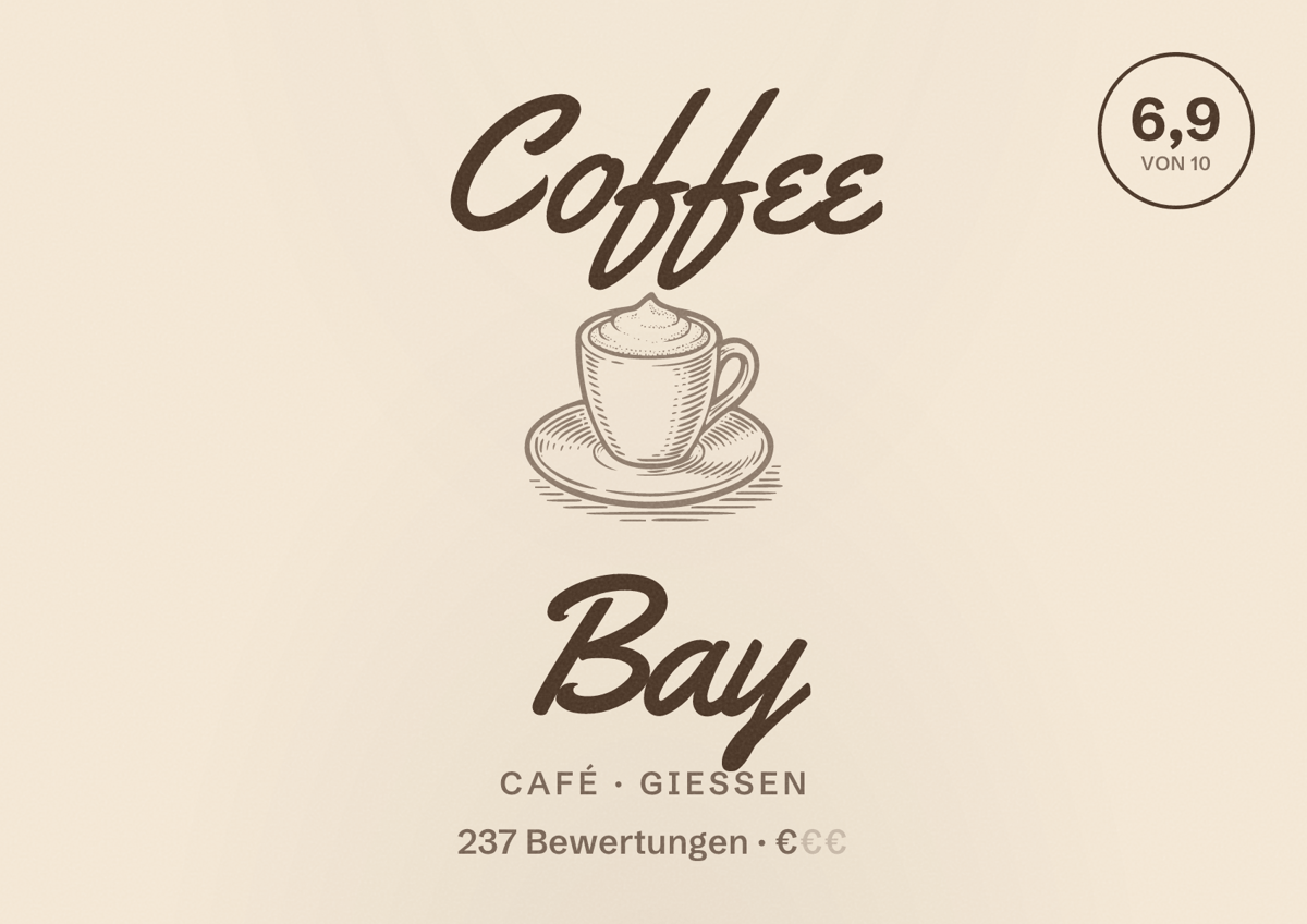 Illustriertes Poster von Coffee Bay, Café in Gießen: Bewertung 6,9 von 10 aus 237 Bewertungen, Preisniveau €