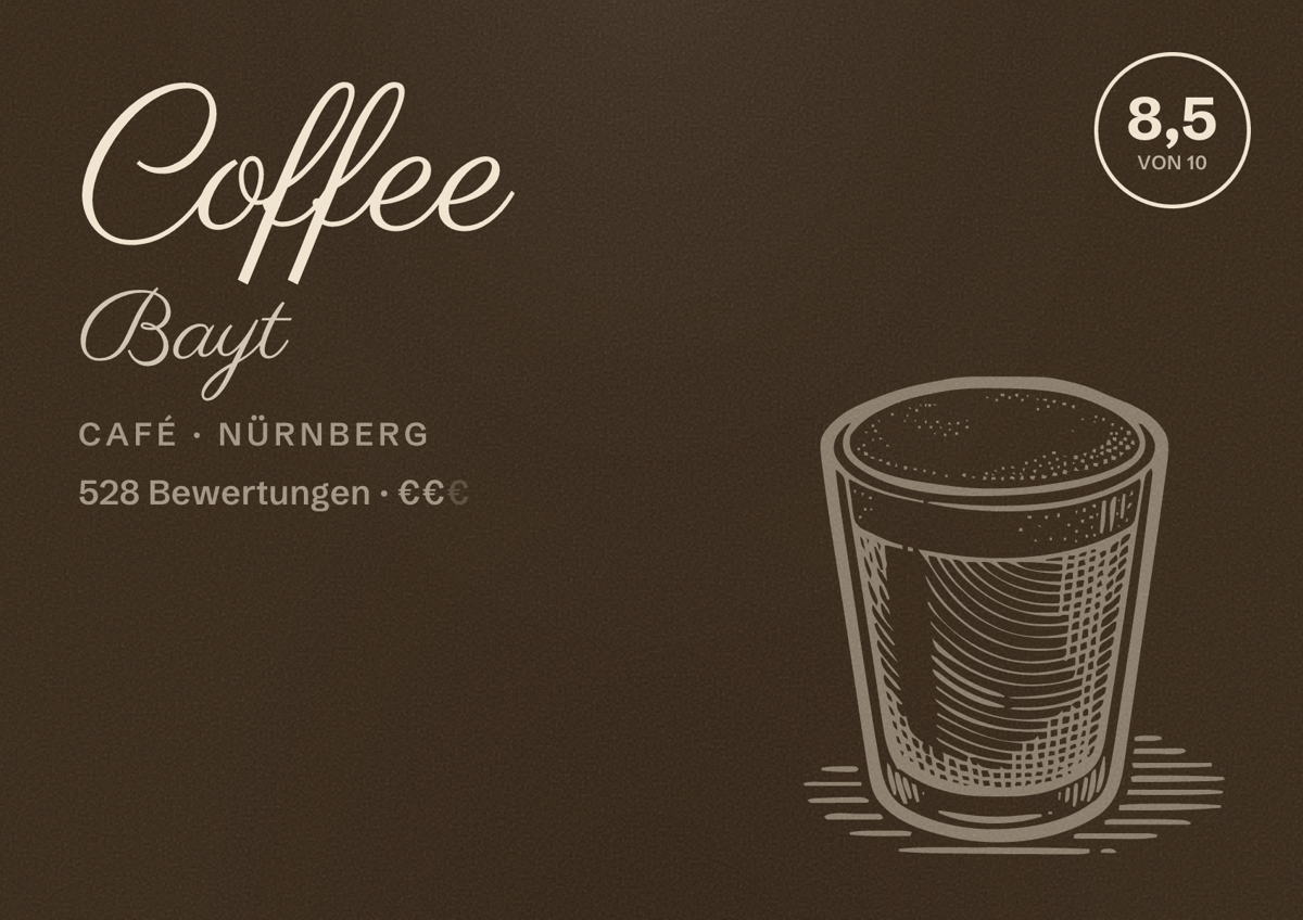 Illustriertes Poster von Coffee Bayt, Café in Nürnberg: Bewertung 8,5 von 10 aus 528 Bewertungen, Preisniveau €€