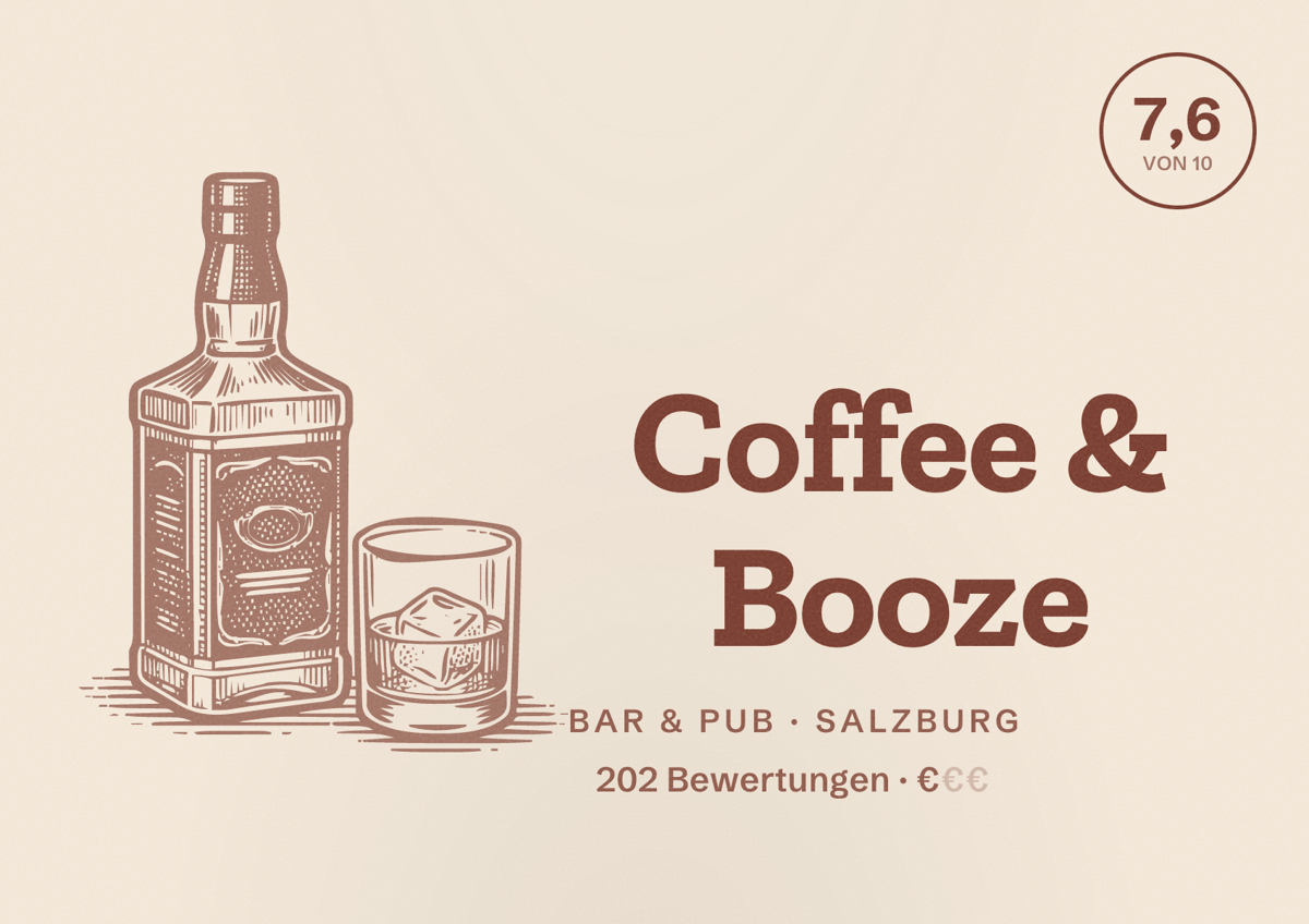 Illustriertes Poster von Coffee & Booze, Bar & Pub in Salzburg: Bewertung 7,6 von 10 aus 202 Bewertungen, Preisniveau €