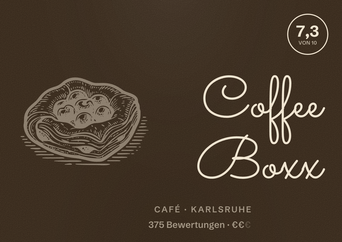 Illustriertes Poster von Coffee Boxx, Café in Karlsruhe: Bewertung 7,3 von 10 aus 375 Bewertungen, Preisniveau €€