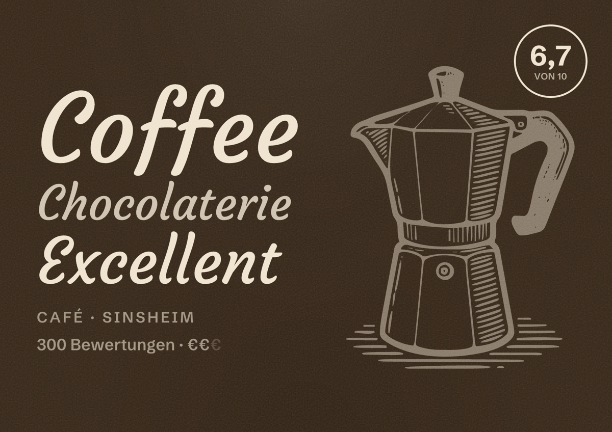 Illustriertes Poster von Coffee Chocolaterie Excellent, Café in Sinsheim: Bewertung 6,7 von 10 aus 300 Bewertungen, Preisniveau €€