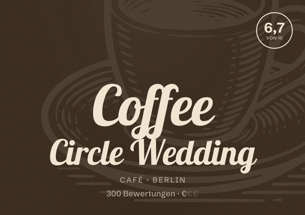 Illustriertes Poster von Coffee Circle Wedding, Café in Berlin: Bewertung 6,7 von 10 aus 300 Bewertungen, Preisniveau €