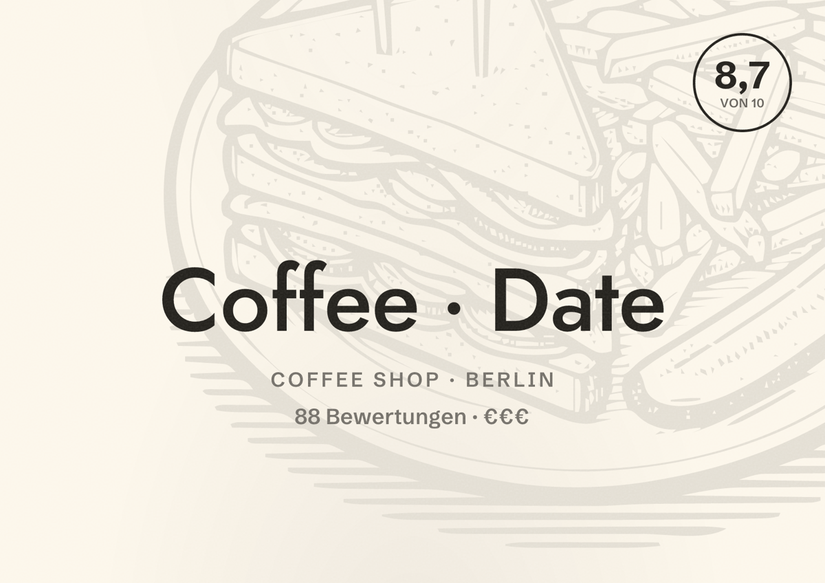 Illustriertes Poster von Coffee Date, Coffee Shop in Berlin: Bewertung 8,7 von 10 aus 88 Bewertungen, Preisniveau €€€