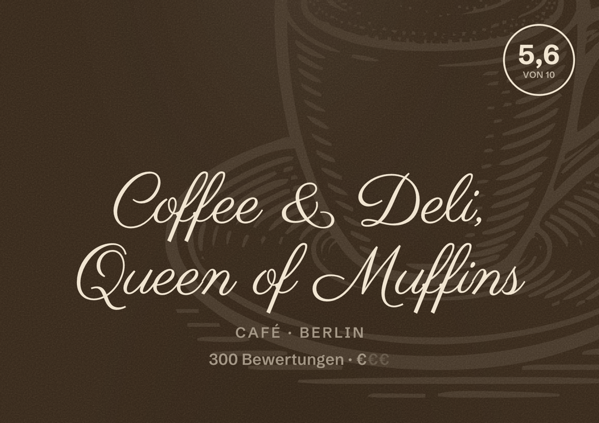Illustriertes Poster von Coffee & Deli, Queen of Muffins, Café in Berlin: Bewertung 5,6 von 10 aus 300 Bewertungen, Preisniveau €