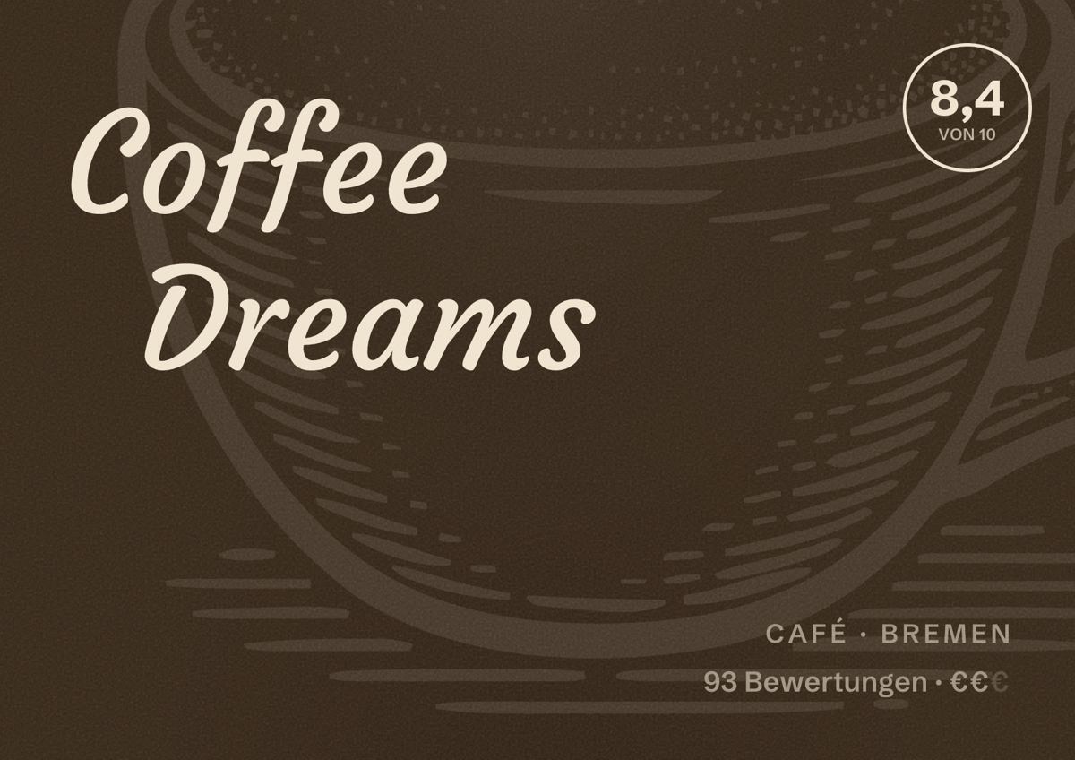 Illustriertes Poster von Coffee Dreams, Café in Bremen: Bewertung 8,4 von 10 aus 93 Bewertungen, Preisniveau €€