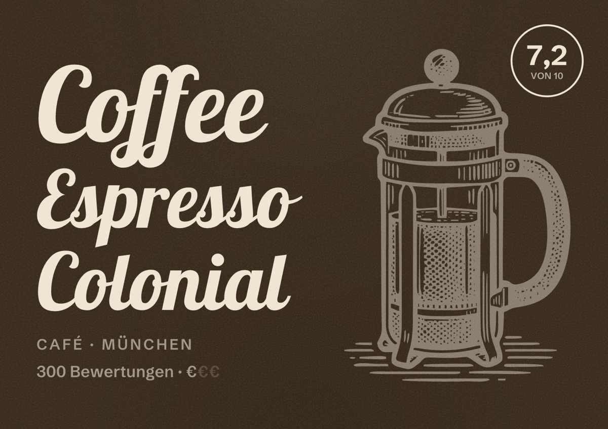 Illustriertes Poster von Coffee Espresso Colonial, Café in München: Bewertung 7,2 von 10 aus 300 Bewertungen, Preisniveau €