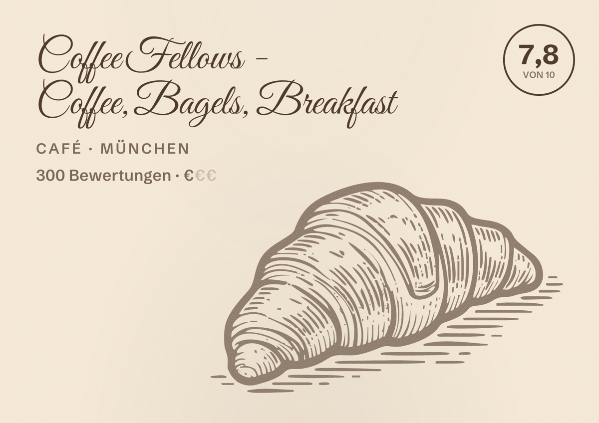 Illustriertes Poster von Coffee Fellows - Coffee, Bagels, Breakfast, Café in München: Bewertung 7,8 von 10 aus 300 Bewertungen, Preisniveau €