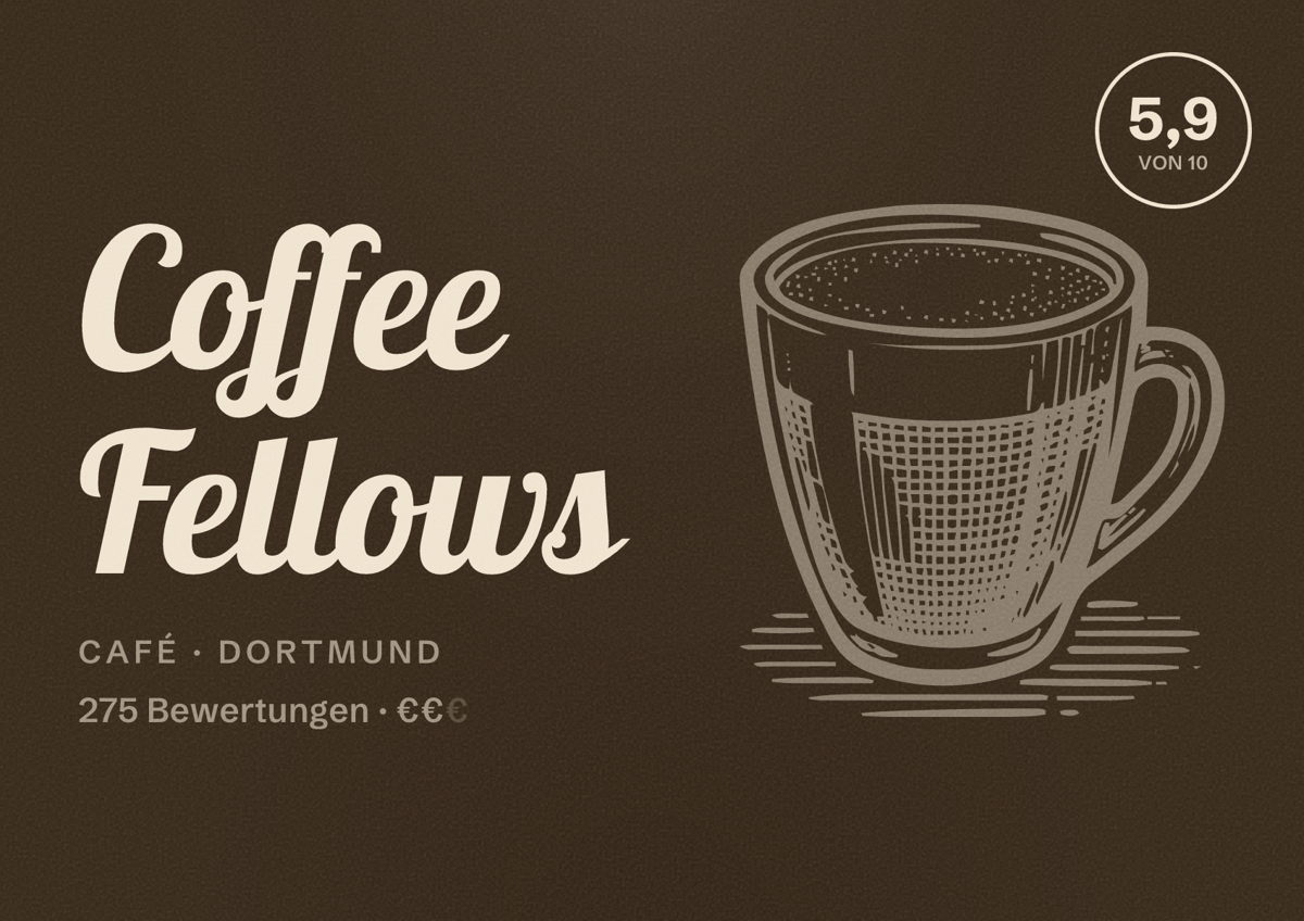 Illustriertes Poster von Coffee Fellows, Café in Dortmund: Bewertung 5,9 von 10 aus 275 Bewertungen, Preisniveau €€